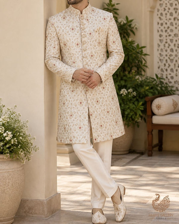 White Banarasi Brocade Fabric With All Over Thread And Zari Handloom 23892