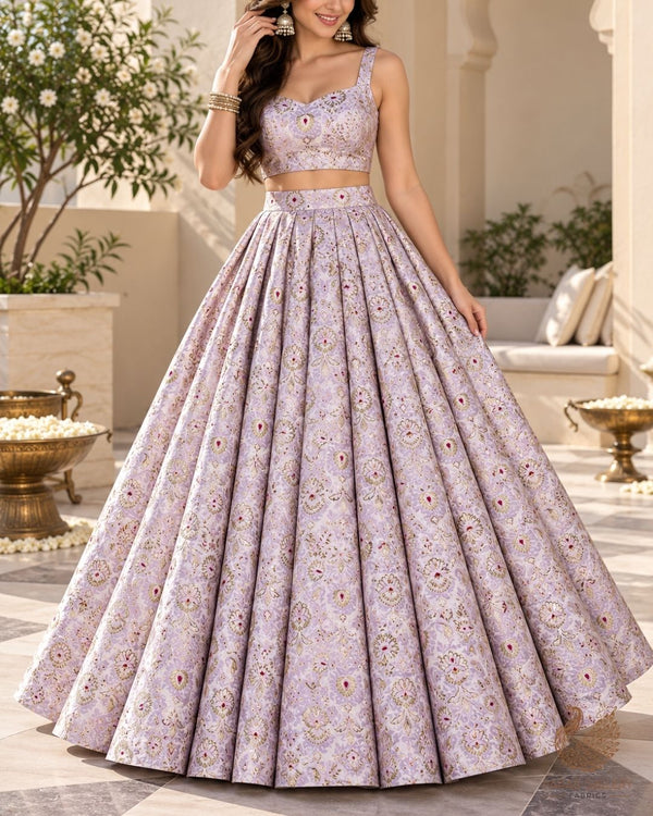 Lavender Banarasi Brocade Fabric With All Over Thread And Zari Handloom 23895