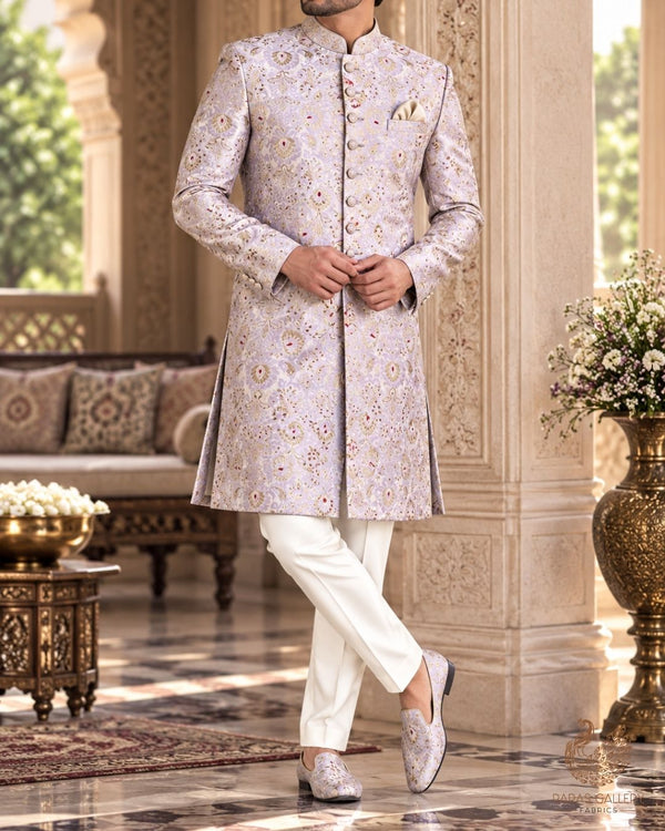 Lavender Banarasi Brocade Fabric With All Over Thread And Zari Handloom 23895