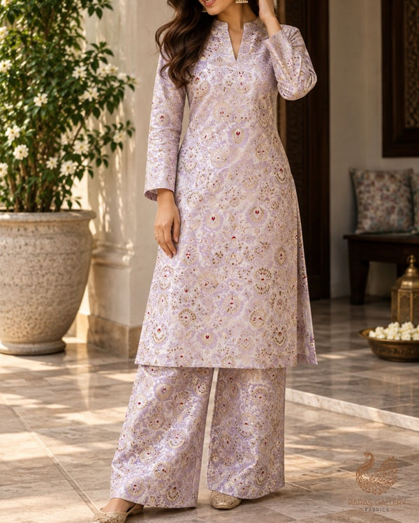 Lavender Banarasi Brocade Fabric With All Over Thread And Zari Handloom 23895