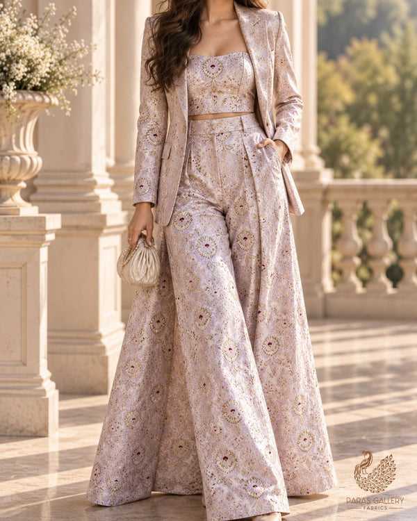 Lavender Banarasi Brocade Fabric With All Over Thread And Zari Handloom 23895