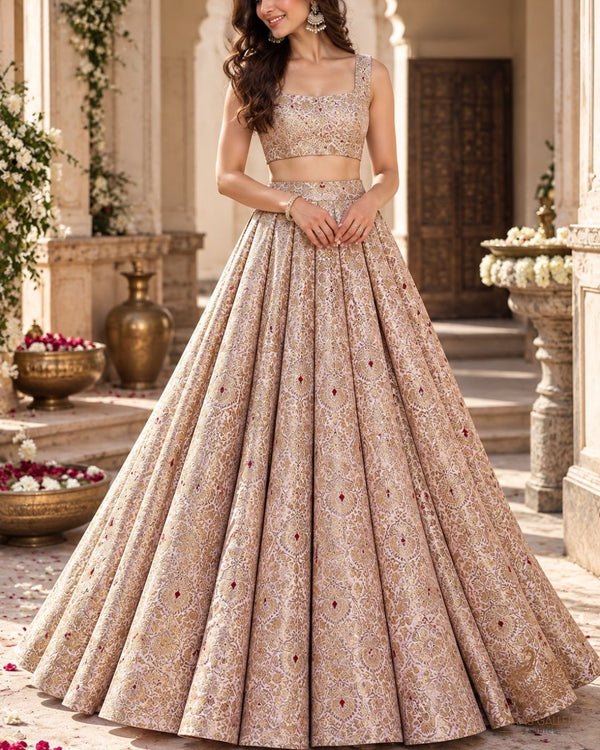 Blush Pink Banarasi Brocade Fabric With All Over Thread And Zari Handloom 23896