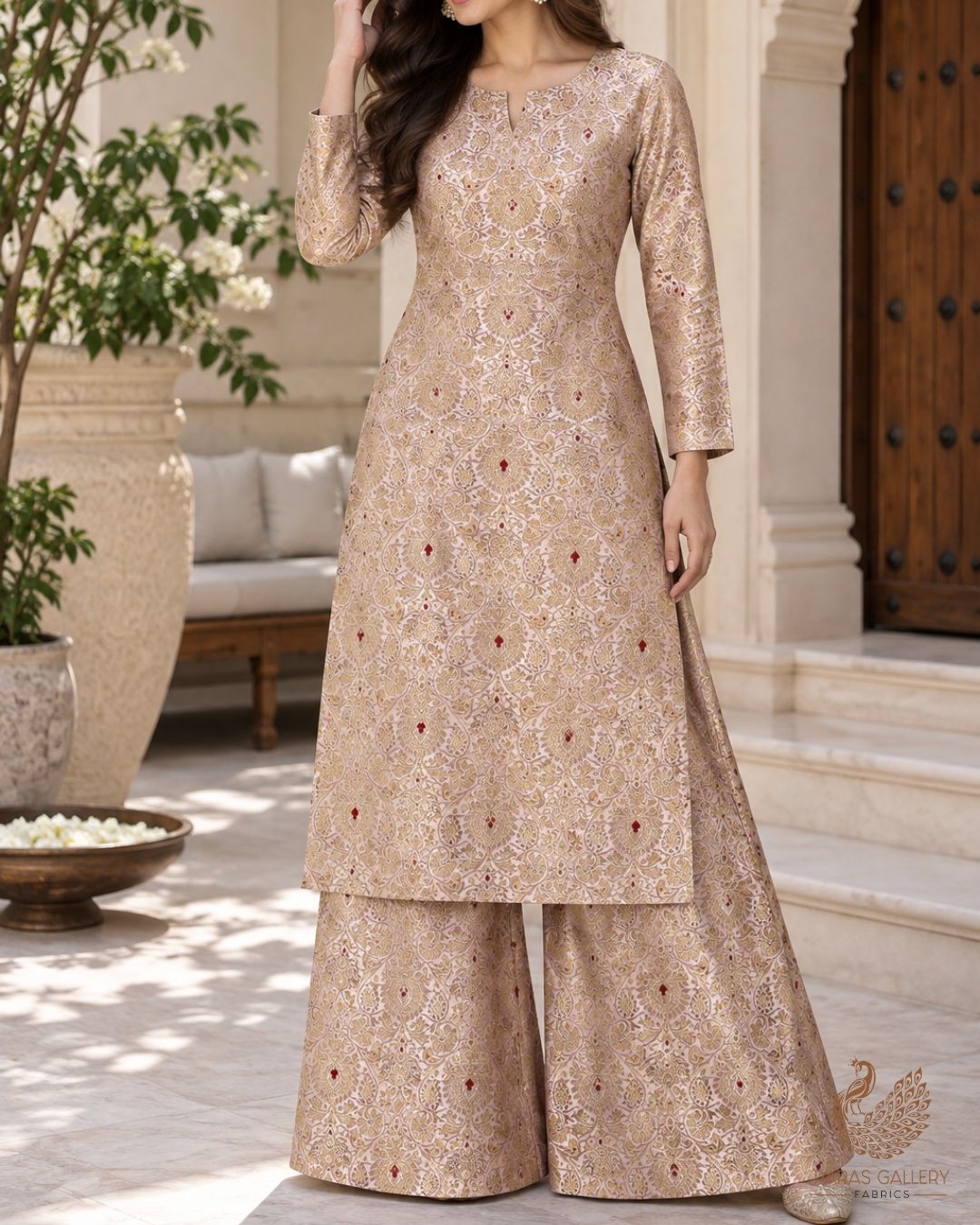 Blush Pink Banarasi Brocade Fabric With All Over Thread And Zari Handloom 23896