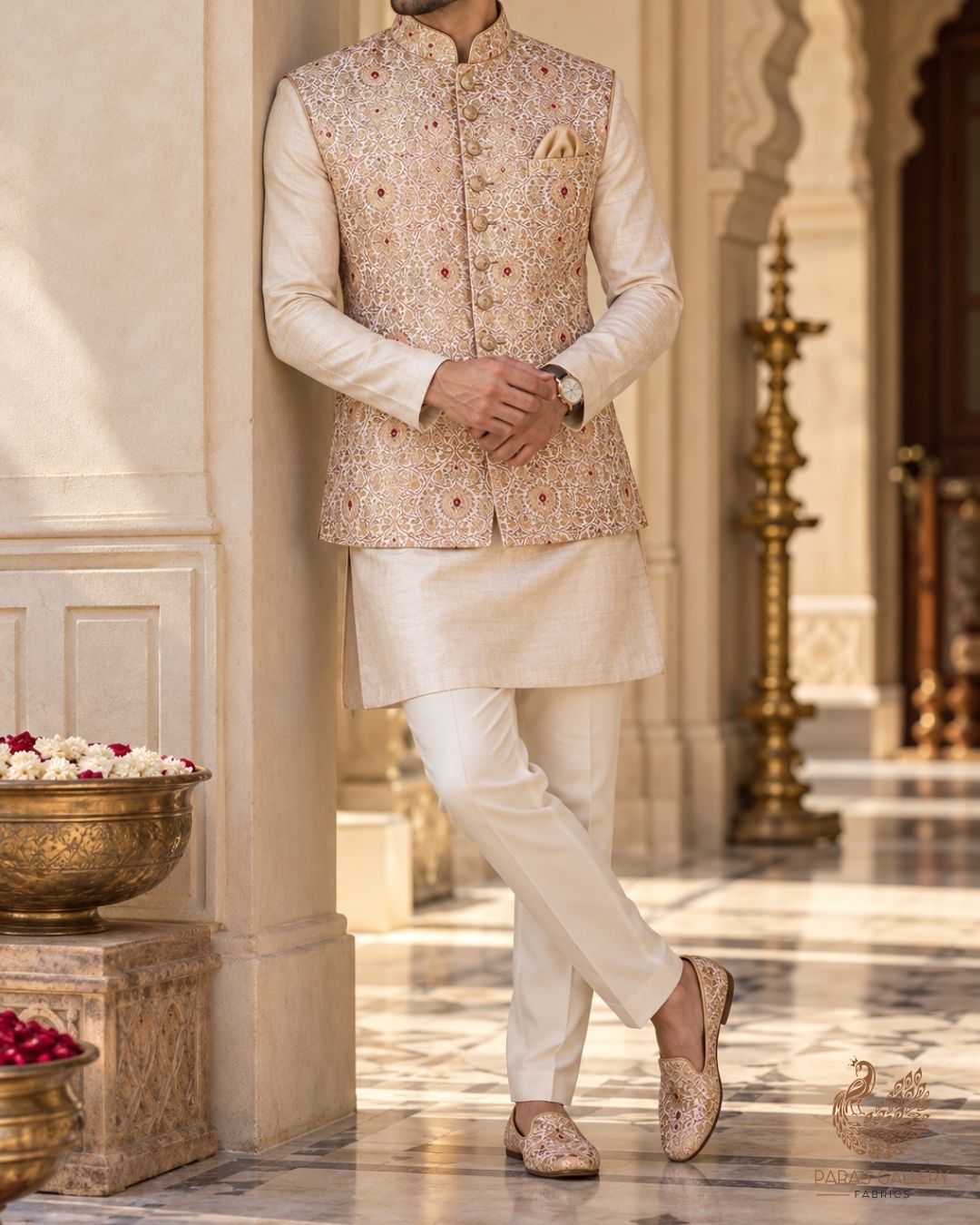 Blush Pink Banarasi Brocade Fabric With All Over Thread And Zari Handloom 23896