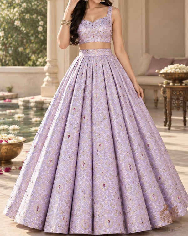 Lavender Banarasi Brocade Fabric With All Over Thread And Zari Handloom 23897