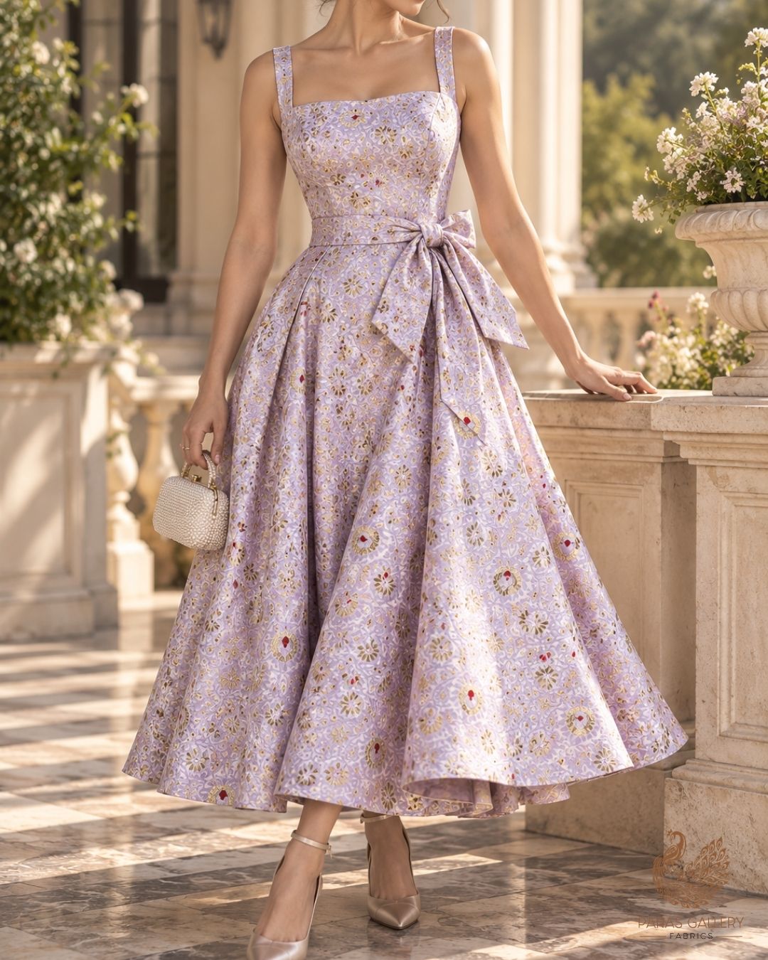 Lavender Banarasi Brocade Fabric With All Over Thread And Zari Handloom 23897