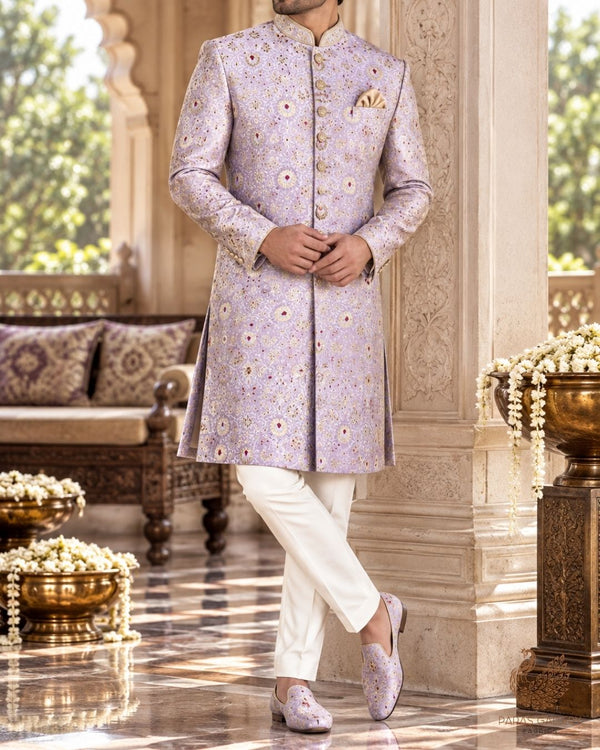 Lavender Banarasi Brocade Fabric With All Over Thread And Zari Handloom 23897