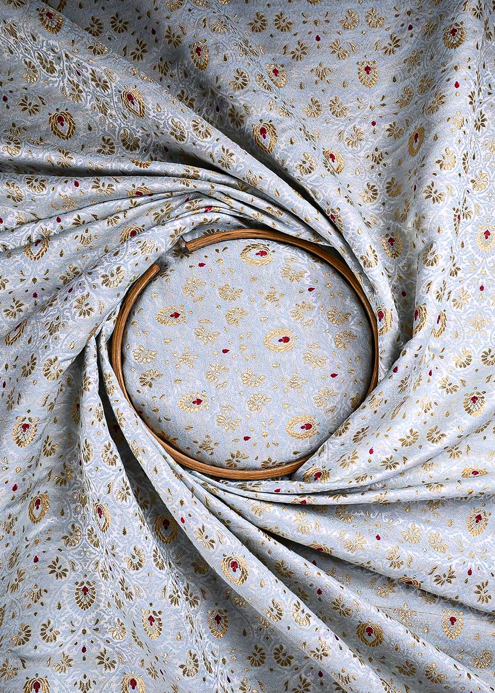 Powder Blue Banarasi Brocade Fabric With All Over Thread And Zari Handloom 23898