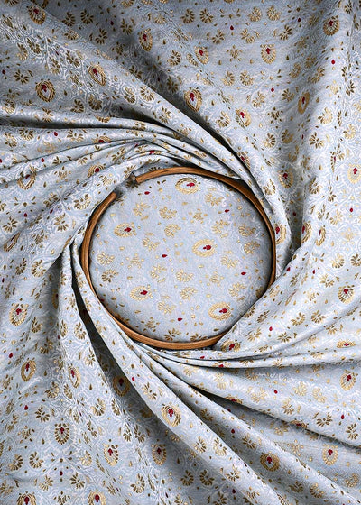Powder Blue Banarasi Brocade Fabric With All Over Thread And Zari Handloom 23898