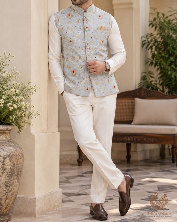 Powder Blue Banarasi Brocade Fabric With All Over Thread And Zari Handloom 23898