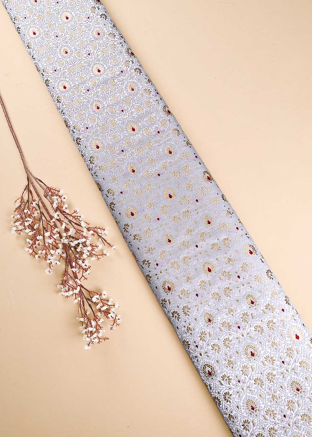 Grey Banarasi Brocade Fabric With All Over Thread And Zari Handloom 23900