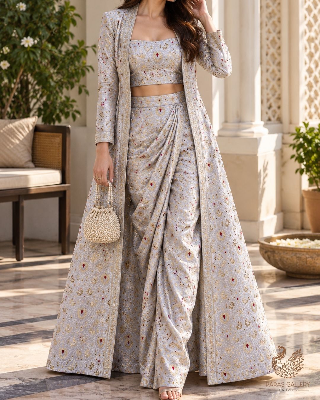 Grey Banarasi Brocade Fabric With All Over Thread And Zari Handloom 23900