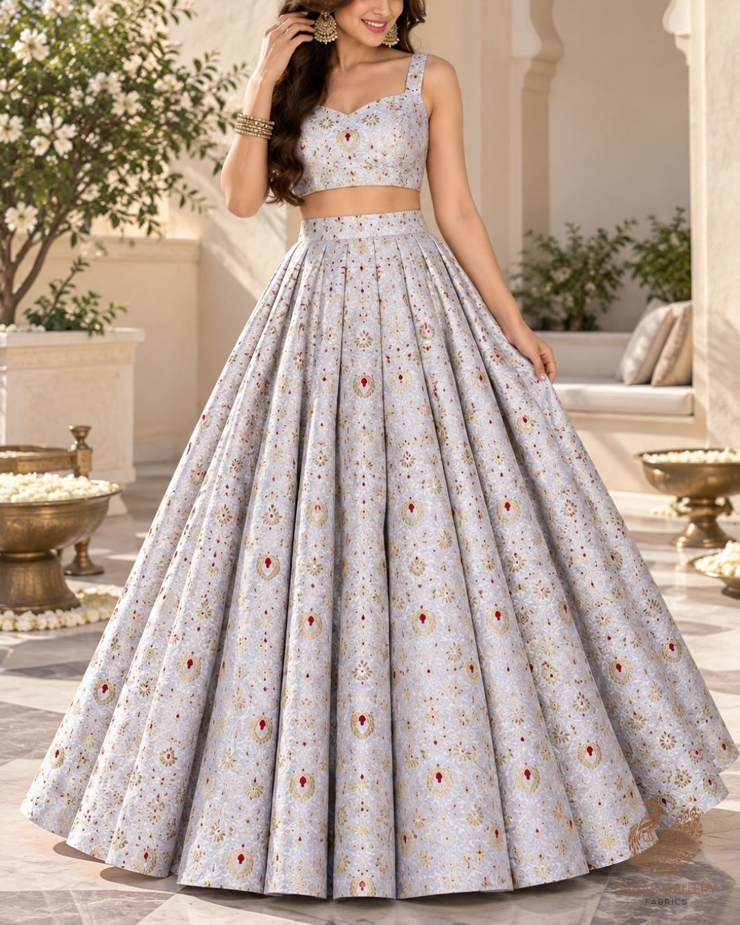 Grey Banarasi Brocade Fabric With All Over Thread And Zari Handloom 23900
