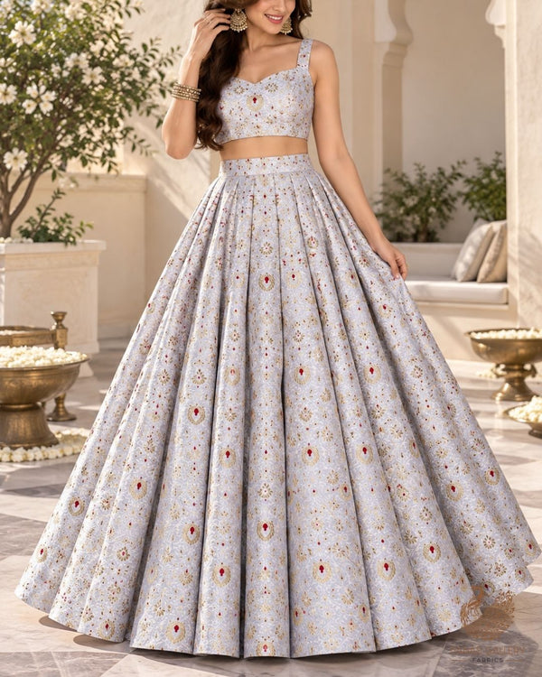 Grey Banarasi Brocade Fabric With All Over Thread And Zari Handloom 23900