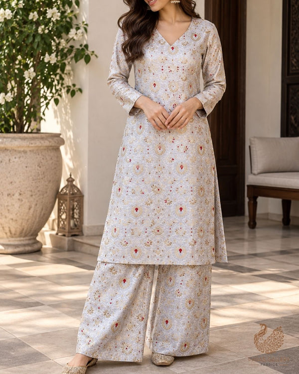 Grey Banarasi Brocade Fabric With All Over Thread And Zari Handloom 23900