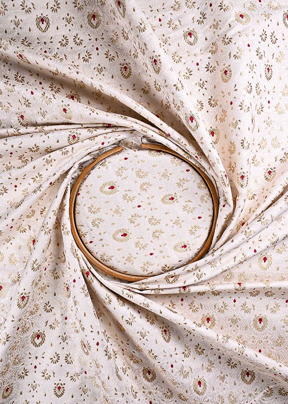 Off White Banarasi Brocade Fabric With All Over Thread And Zari Handloom 23902