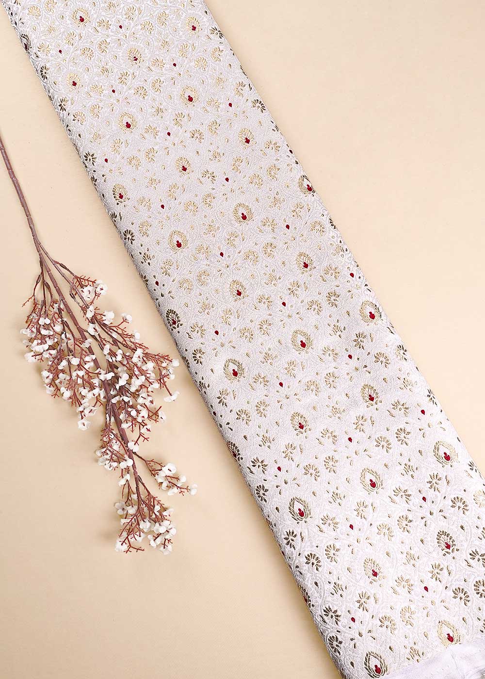 Off White Banarasi Brocade Fabric With All Over Thread And Zari Handloom 23902