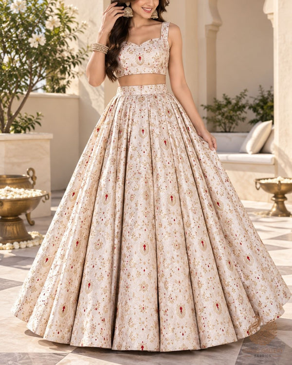 Off White Banarasi Brocade Fabric With All Over Thread And Zari Handloom 23902