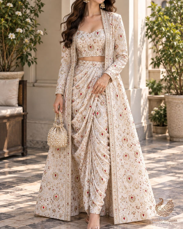 Off White Banarasi Brocade Fabric With All Over Thread And Zari Handloom 23902