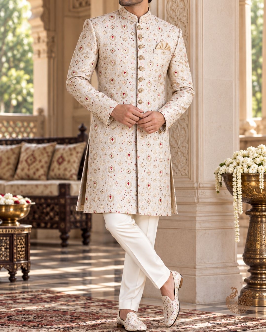 Off White Banarasi Brocade Fabric With All Over Thread And Zari Handloom 23902