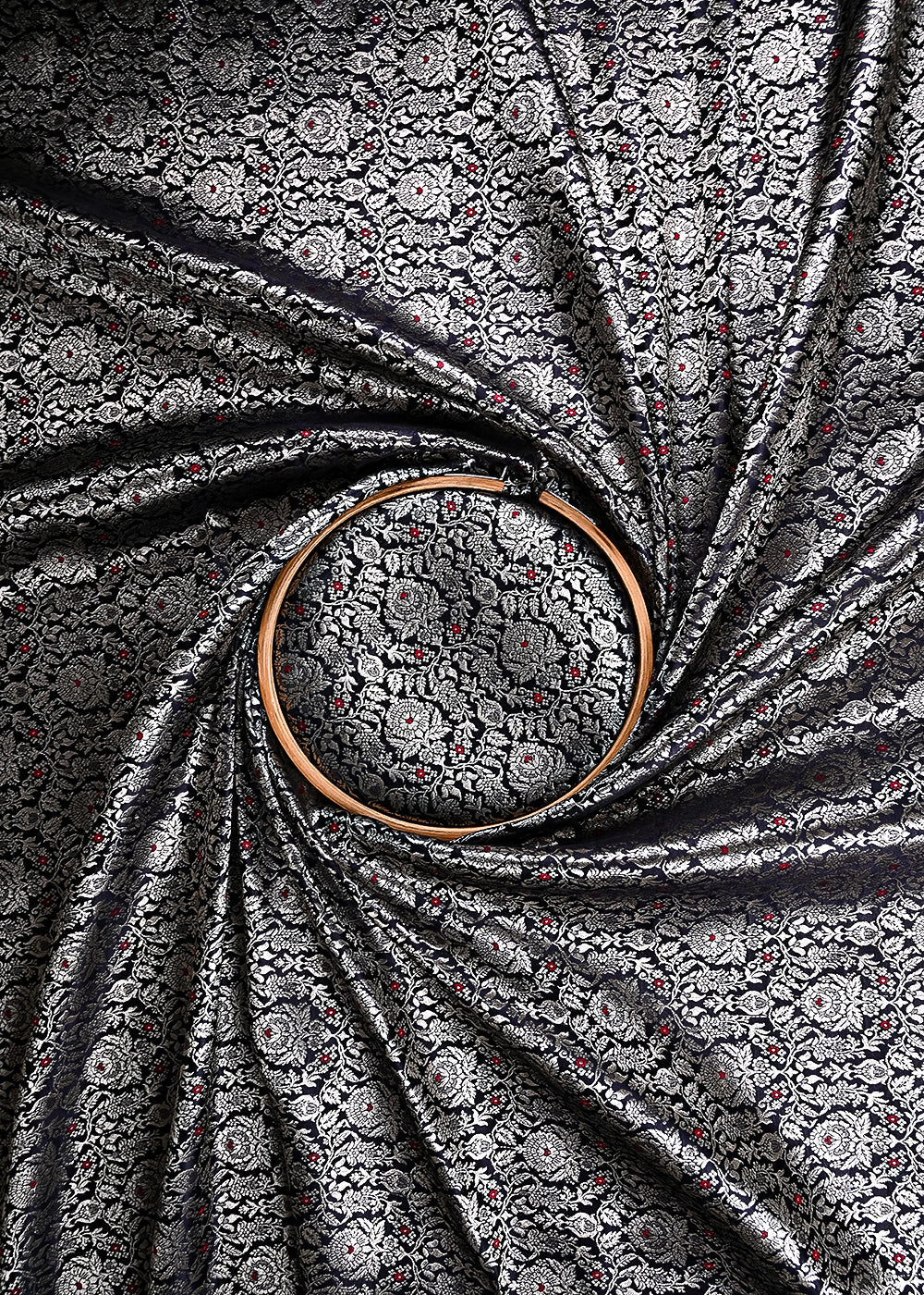 Black Banarasi Brocade Fabric With All Over Thread And Zari Handloom 23903