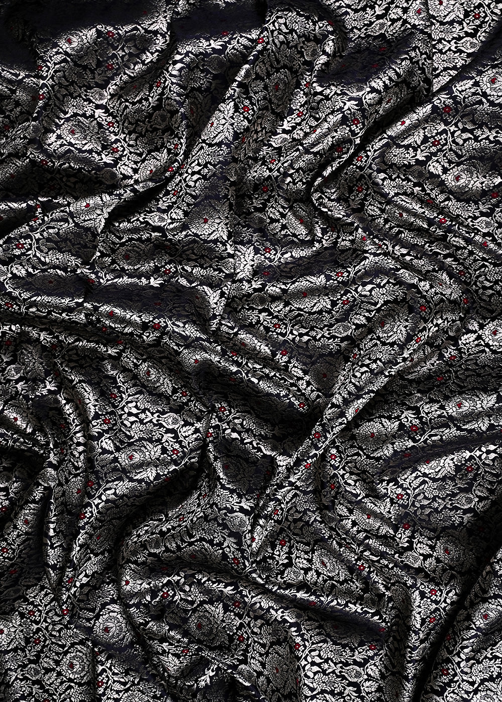 Black Banarasi Brocade Fabric With All Over Thread And Zari Handloom 23903