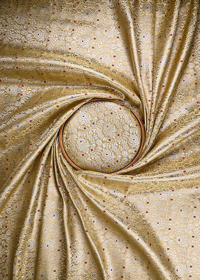Dark Creme Banarasi Brocade Fabric With All Over Thread And Zari Handloom 23904