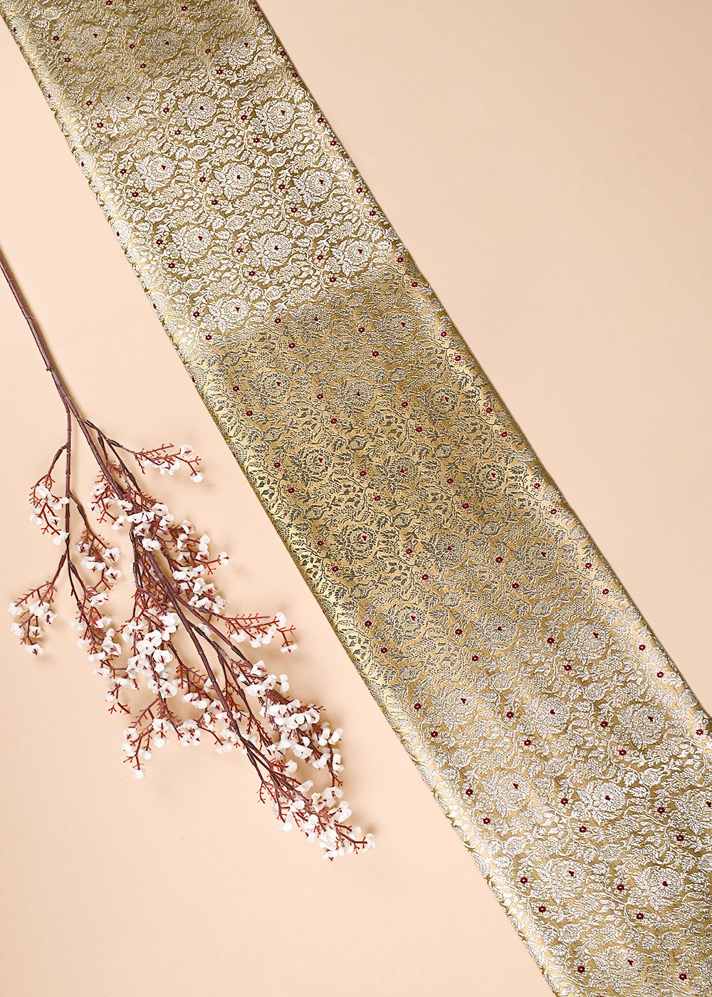 Dark Creme Banarasi Brocade Fabric With All Over Thread And Zari Handloom 23904