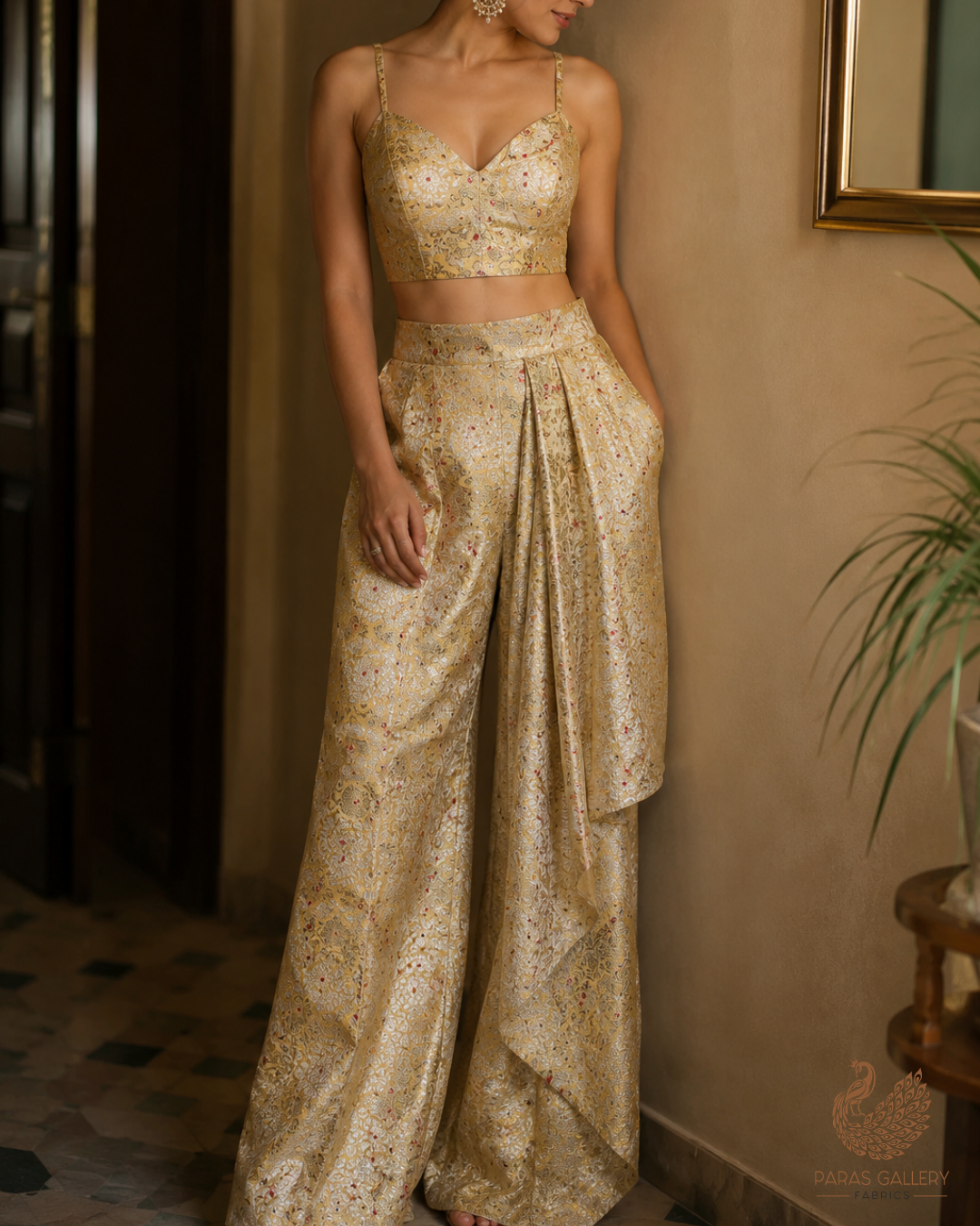 Dark Creme Banarasi Brocade Fabric With All Over Thread And Zari Handloom 23904