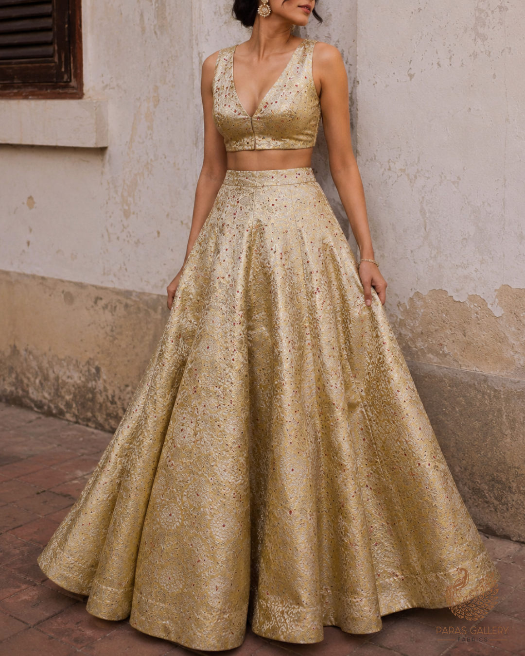 Dark Creme Banarasi Brocade Fabric With All Over Thread And Zari Handloom 23904