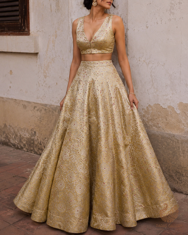 Dark Creme Banarasi Brocade Fabric With All Over Thread And Zari Handloom 23904