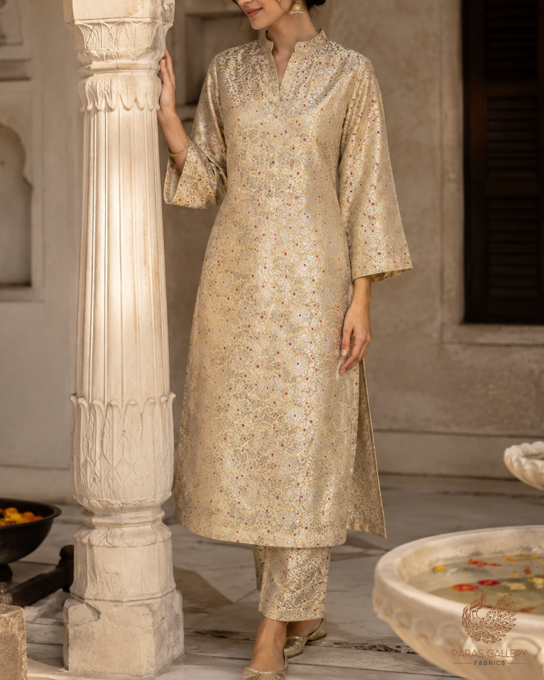 Dark Creme Banarasi Brocade Fabric With All Over Thread And Zari Handloom 23904