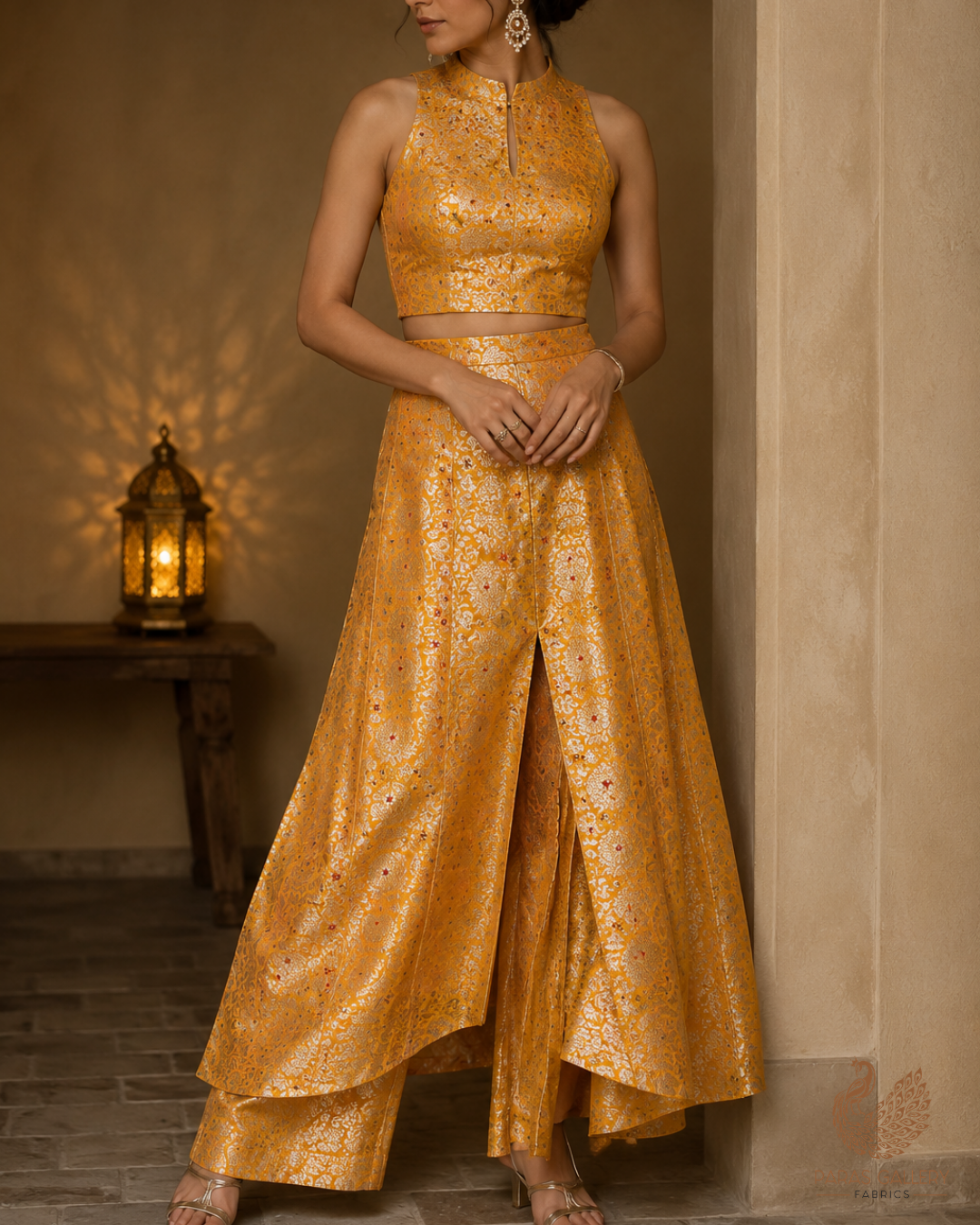 Mustard Banarasi Brocade Fabric With All Over Thread And Zari Handloom 23905