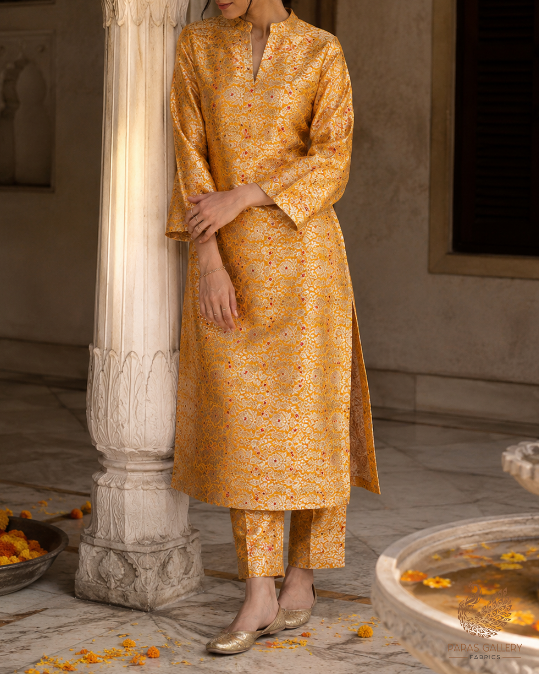 Mustard Banarasi Brocade Fabric With All Over Thread And Zari Handloom 23905