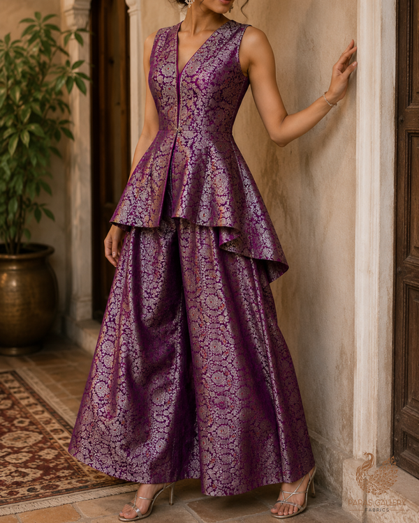 Purple Banarasi Brocade Fabric With All Over Thread And Zari Handloom 23906