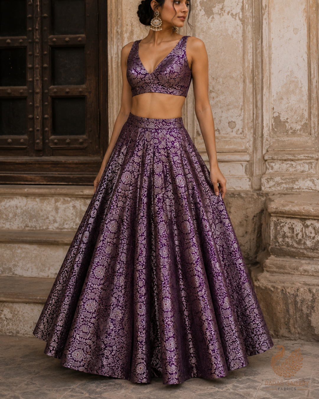 Purple Banarasi Brocade Fabric With All Over Thread And Zari Handloom 23906