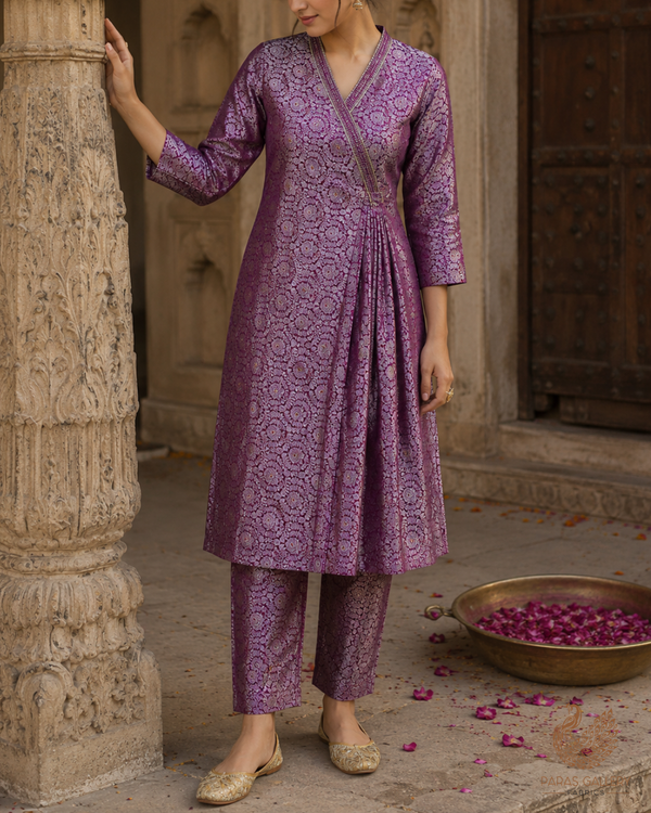 Purple Banarasi Brocade Fabric With All Over Thread And Zari Handloom 23906
