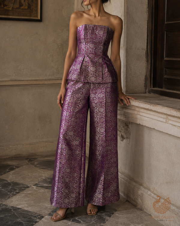 Purple Banarasi Brocade Fabric With All Over Thread And Zari Handloom 23906