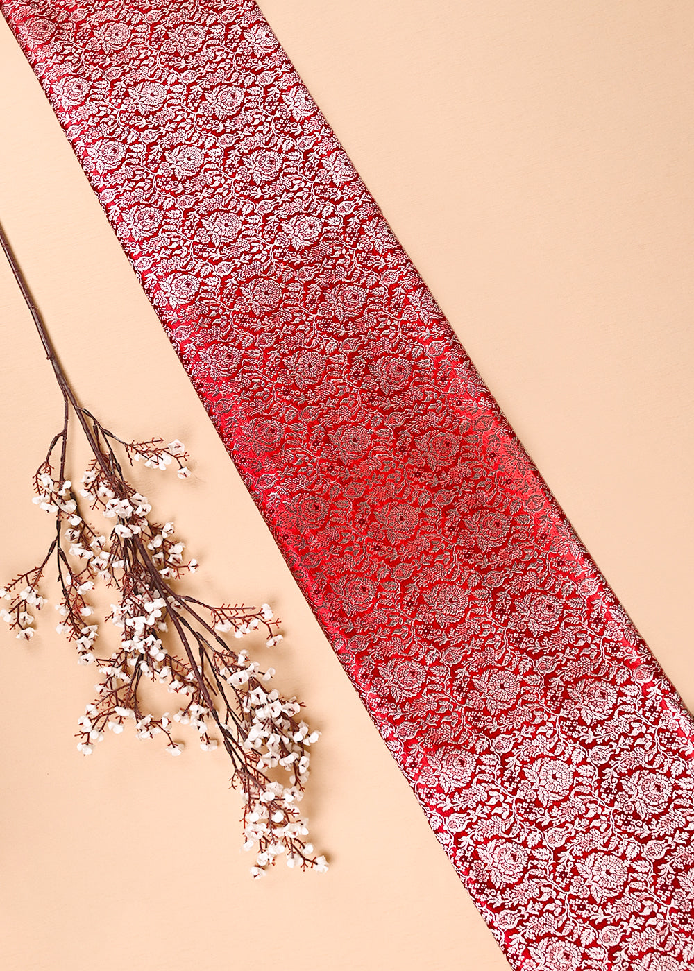 Red Banarasi Brocade Fabric With All Over Thread And Zari Handloom 23907