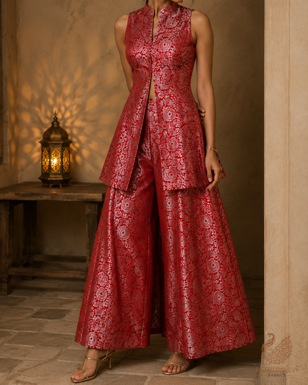 Red Banarasi Brocade Fabric With All Over Thread And Zari Handloom 23907