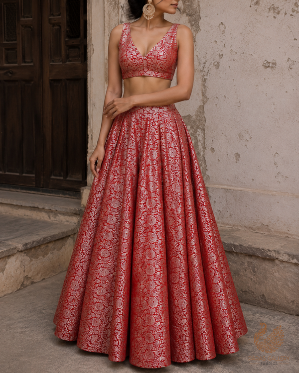 Red Banarasi Brocade Fabric With All Over Thread And Zari Handloom 23907