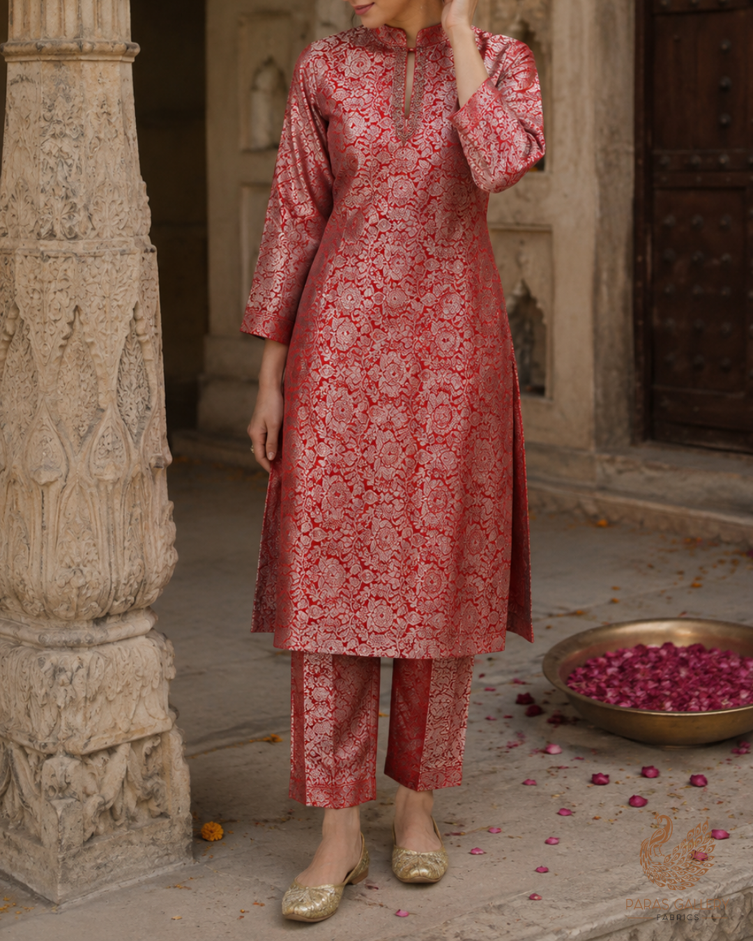 Red Banarasi Brocade Fabric With All Over Thread And Zari Handloom 23907