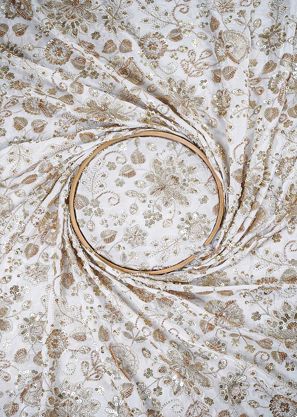 White Dyeable Crepe Fabric With All Over Zari, Sequins, Katdana And Bead Work 23908