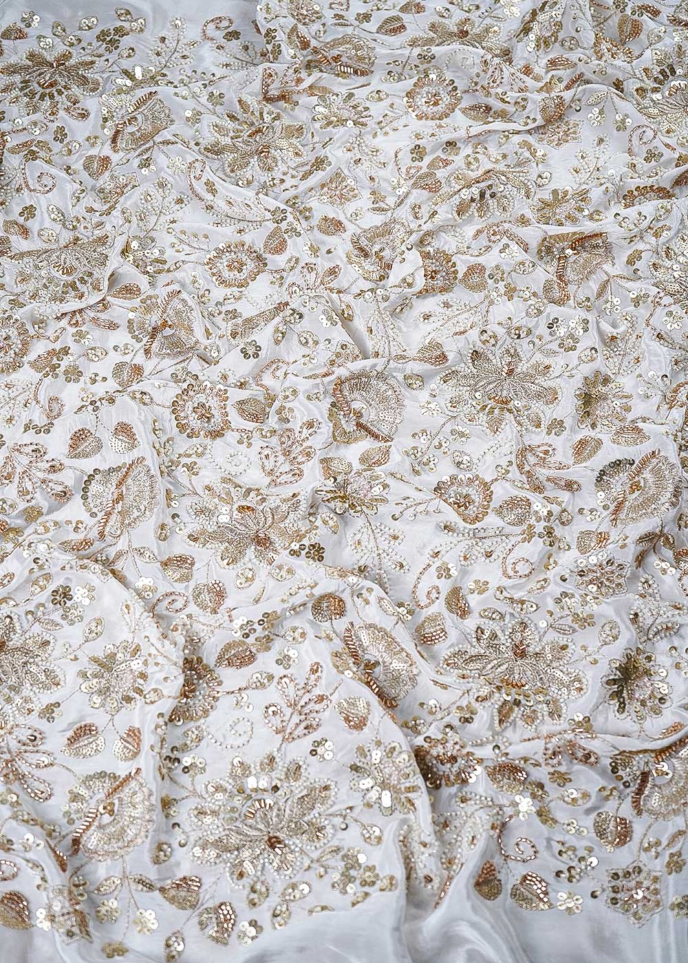 White Dyeable Crepe Fabric With All Over Zari, Sequins, Katdana And Bead Work 23908