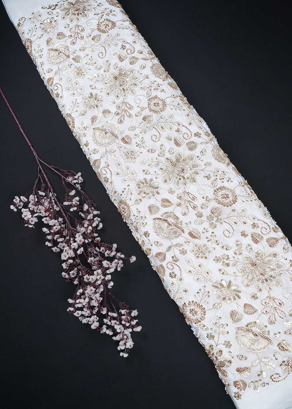 White Dyeable Crepe Fabric With All Over Zari, Sequins, Katdana And Bead Work 23908