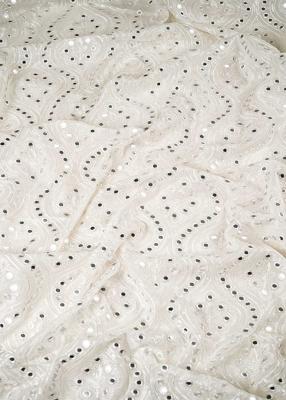 White Dyeable Georgette Fabric With All Over Thread, Sequins And Faux Mirror Work 23909