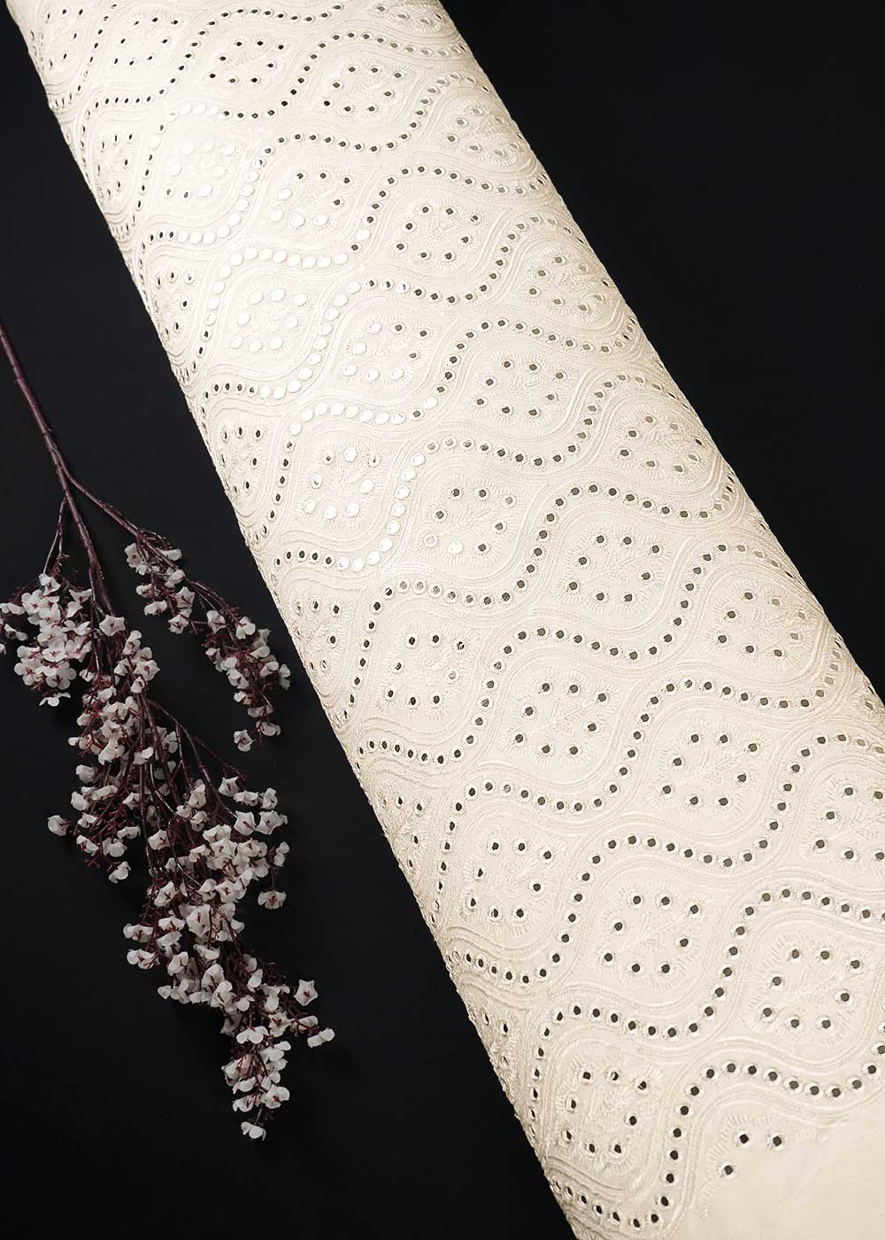 White Dyeable Georgette Fabric With All Over Thread, Sequins And Faux Mirror Work 23909