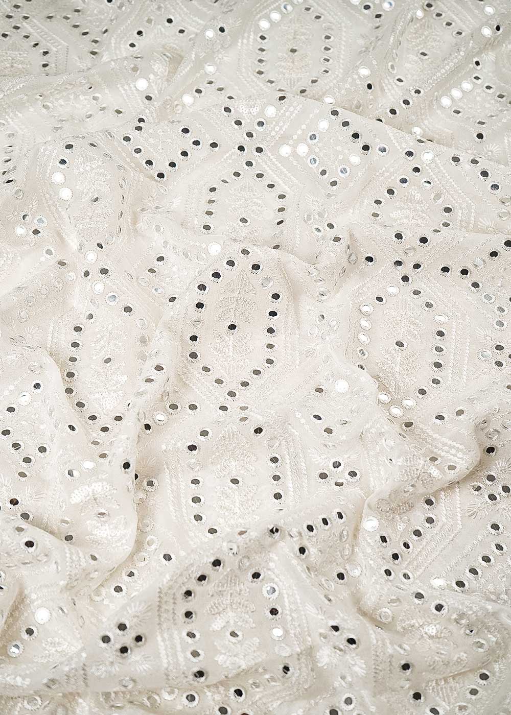 White Dyeable Georgette Fabric With All Over Thread, Sequins And Faux Mirror Work 23910