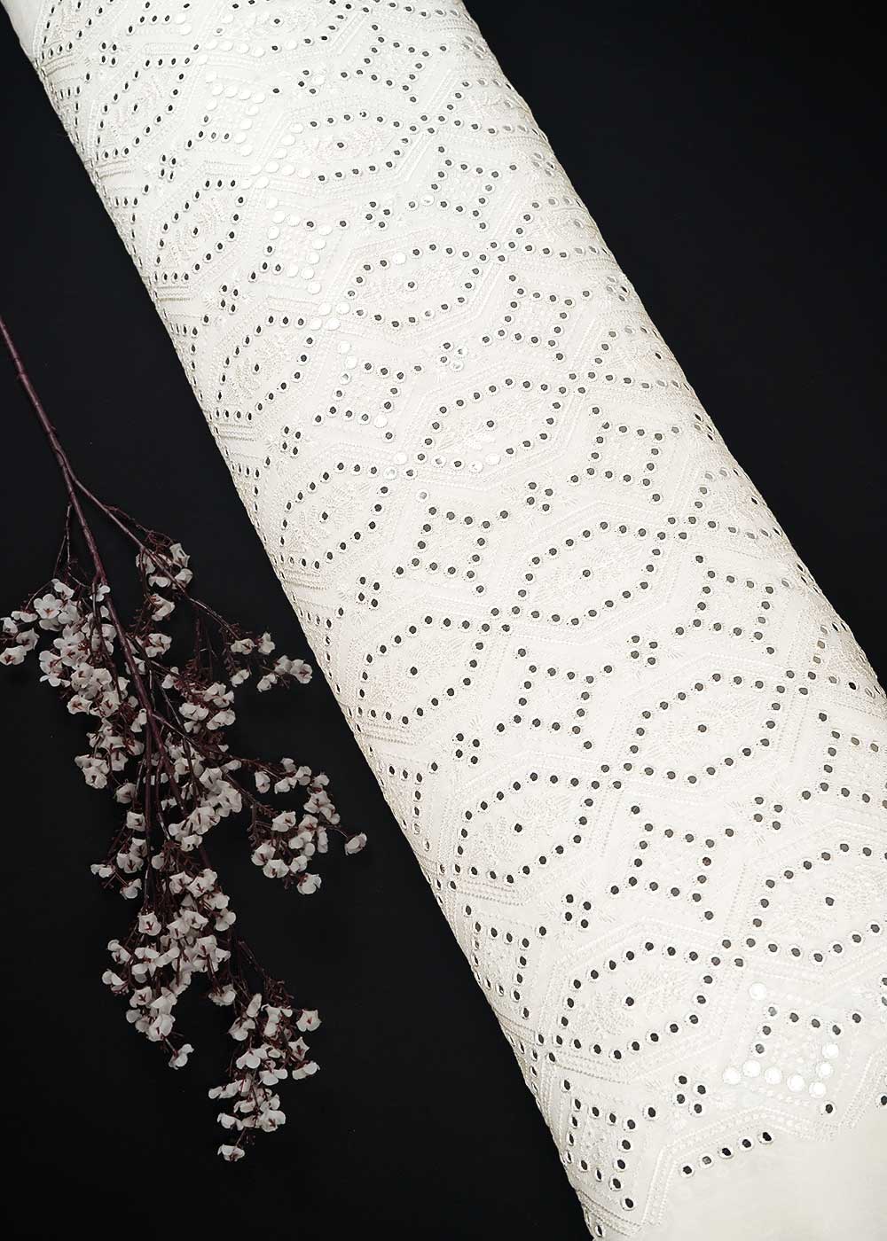 White Dyeable Georgette Fabric With All Over Thread, Sequins And Faux Mirror Work 23910