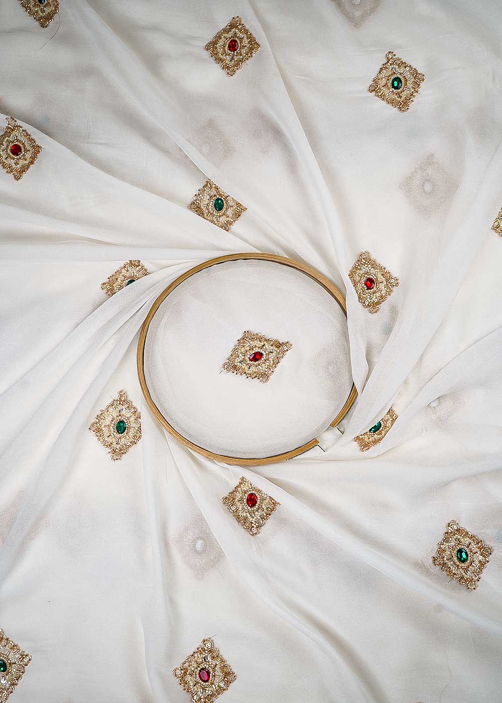 White Dyeable Georgette Fabric With All Over Buti Of Sequins, Katdana And Stone Work 23912